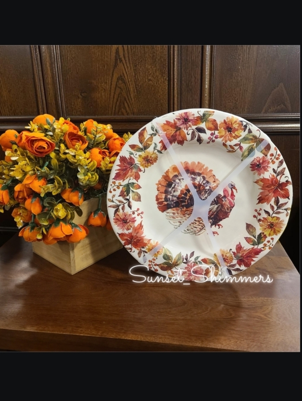4pc Floral Fall Leaf Thanksgiving Turkey Melamine Dinner Plate Set NEW